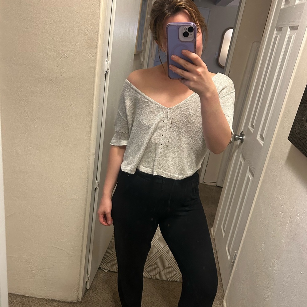 Banana Republic Light Gray Knit Top with V-Neck